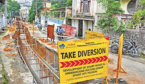 Commuters being asked to take diversion due to road closure near Mathrubhumi road at Vanchiyoor