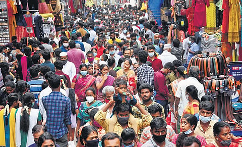 With Deepavali just about a week away, people have been thronging the shopping streets in Chennai. A scene from Ranganathan Street in T Nagar. (Photo | Ashwin Prasath/EPS)