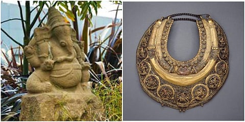 A Ganesha idol in the garden of the same art dealer in Marlborough, New Zealand (L) and the necklace stolen from a Nepal temple. (Photo| EPS)