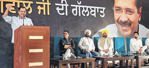 AAP chief  Arvind Kejriwal addresses during a program organised to meet the traders and businessmen in Bathinda on Friday. (Photo | PTI)