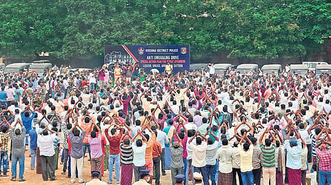 District SP Siddharth Kaushal held an anti-smuggling drive for repeat offenders at Makineni Basava Punnaiah Stadium in Vijayawada on Friday I P Ravindra Babu