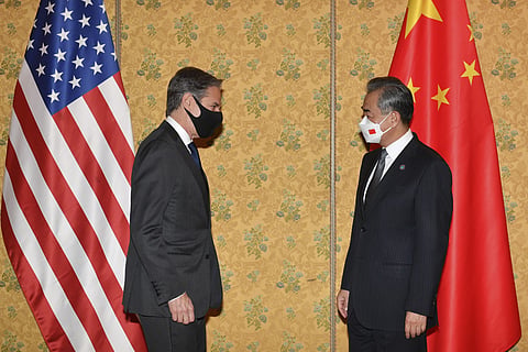 US Secretary of State Antony Blinken, left, and Chinese Foreign Minister, Wang Yi meet, Sunday, Oct. 31, 2021 at an hotel in Rome on the sidelines of the G20 of World Leaders Summit. (Photo | AP)