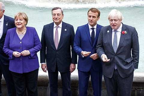 From left, German Chancellor Angela Merkel, Italian Premier Mario Draghi, French President Emmanuel Macron and British PM Boris Johnson  during a G20 summit event. (Photo | AP)