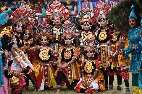 Students performing a cultural dance on the occasion of Kannda Rajostava at Kanteerava stadioum. (File Photo)