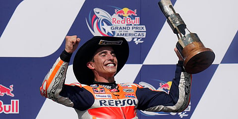 Spain's Marc Marquez celebrates his win at the MotoGP Grand Prix in Austin. (Photo| AP)