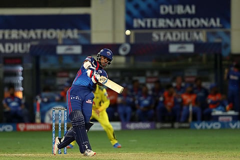 Delhi Capitals' Shikhar dhawan plays a shot against CSK. (Photo | Twitter/IPL)