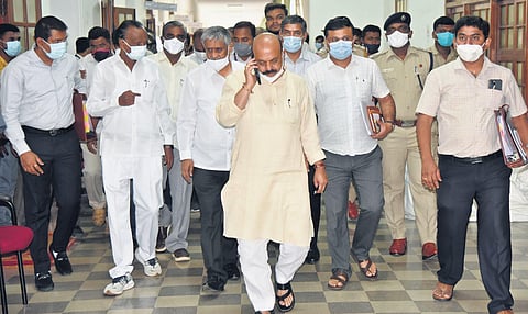 Chief Minister Basavaraj Bommai arrives for the cabinet meeting at Vidhana Soudha in Bengaluru on Tuesday | Nagaraja Gadekal