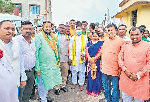 Union Minister Bisweswar Tudu with party members in Joda on Friday | Express