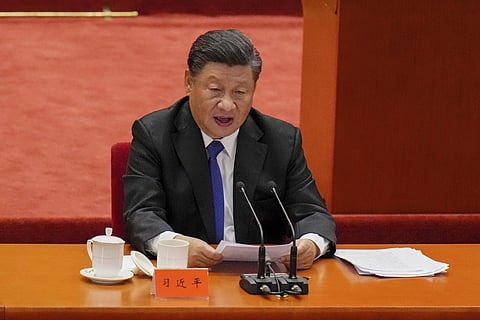 Chinese President Xi Jinping delivers a speech at an event commemorating the 110th anniversary of Xinhai Revolution at the Great Hall of the People in Beijing, Saturday, Oct. 9, 2021. (Photo | AP)