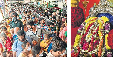 Close to 12,000 devotees had darshan of Goddess on Friday, day 2 of Dasara atop Indrakeeladri (L)  Goddess Kanaka Durga adorned the Bala Tripura Sundari avatar in Vijayawada on Friday | Prasant Madugu