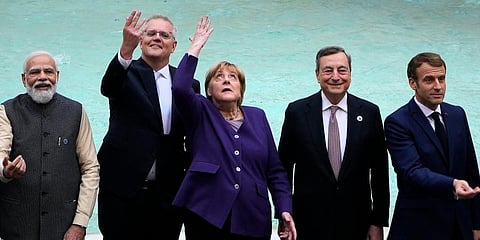 G20 leaders (from L), India PM Narendra Modi, Australia PM Scott Morrison, German Chancellor Angela Merkel, Italy PM Mario Draghi and French President Emmanuel Macron in Rome. (Photo | AP)