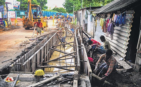 Stormwater drain works being carried out at Baba Nagar at Villivakkam in Chennai on Sunday | DEBADATTA MALLICK