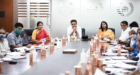MAUD Minister KT Rama Rao during a review meeting with the GHMC officials on development of nalas in Hyderabad. (File photo | Express)