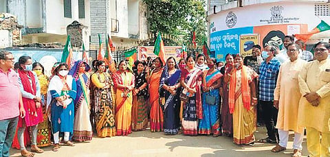 BJP workers staging protest outside municipality office in Balasore town. (Photo | Express)