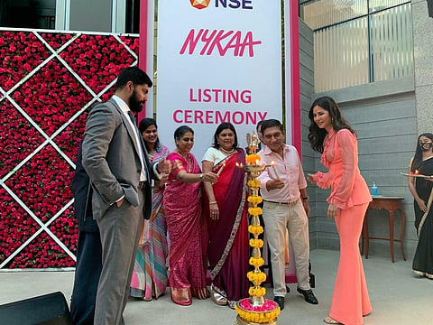 Nykaa top brass including Falguni Nayar and investor Katrina Kaif at the listing ceremony. (Photo | Twitter)