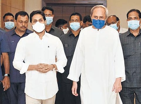 Andhra Pradesh Chief Minister YS Jagan Mohan Reddy and his Odisha counterpart Naveen Patnaik during a meeting in Bhubaneswar on Tuesday to resolve long-pending issues | Express