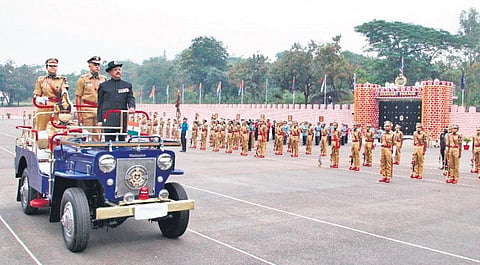 National Security Advisor Ajit Doval reviews  the passing out parade of graduating IPS officers at the Sardar Vallabhbhai Patel National Police Academy, Hyderabad, on Friday. Director Atul Karwal and