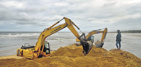 Authorities widening the Adyar river mouth near Foreshore estate in Chennai. (Photo| Martin Louis, EPS)
