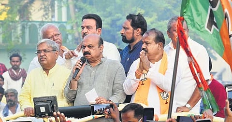 File photo of CM Basavaraj Bommai campaigning for party candidate Ramesh Bhusanur for the October 30 bypolls in Sindagi.