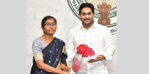 YSRC nominee for Badvel by-election Dr Sudha with Chief Minister YS Jagan Mohan Redddy at his camp office in Tadepalli (File photo | Express)