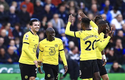 Chelsea's N'Golo Kante, 2nd left, celebrates after scoring during Premier League match against Leicester City at King Power Stadium, Leicester, England, Saturday, Nov. 20, 2021. (Photo | AP)