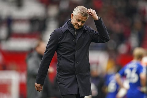 Manchester United's manager Ole Gunnar Solskjaer walks off the pitch at the end of the English Premier League soccer match between Manchester United and Everton (Photo | AP)