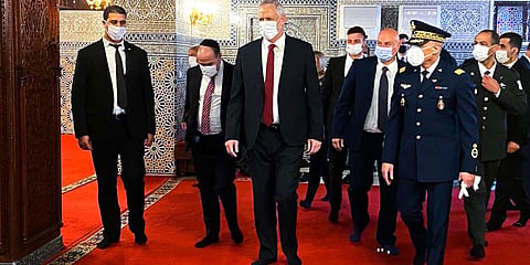 Israeli Defence Minister Benny Gantz (C) visits the Mausoleum of King Mohammed V, in Rabat, Morocco. (Photo | AP)