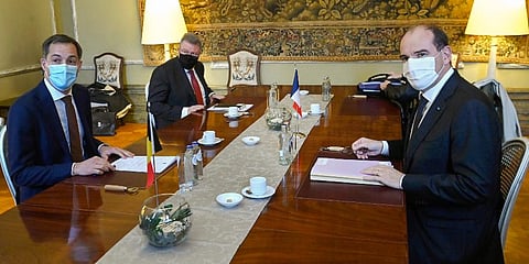France PM Jean Castex (R) and Belgium PM Alexander De Croo (L) are seen at the start of a Belgian-French security consultation meeting at Egmont Palace in Brussels. (Photo | AP)