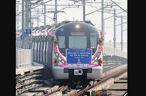 A driverless Metro train runs on the Pink Line. (Photo | Shekhar Yadav, EPS)