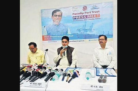 Union Minister Shantanu Thakur addressing mediapersons. (Photo | Express)