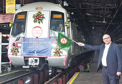 Mangu Singh, MD, DMRC, flags off the first refurbished train at Yamuna Bank Metro Station on Monday | Parveen negi