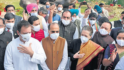 Sonia Gandhi with other Congress leaders in Parliament on Monday. (Photo | Shekhar Yadav/EPS)