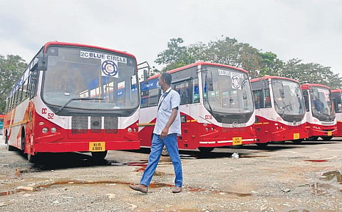 Buses for the newly launched city circular service by KSRTC parked at East Fort garage on Monday |  B P Deepu