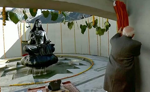 Prime Minister Narendra Modi inaugurates 12-feet statue of Guru Shankaracharya during his visit to Kedarnath in Uttarakhand. (Photo | PTI)