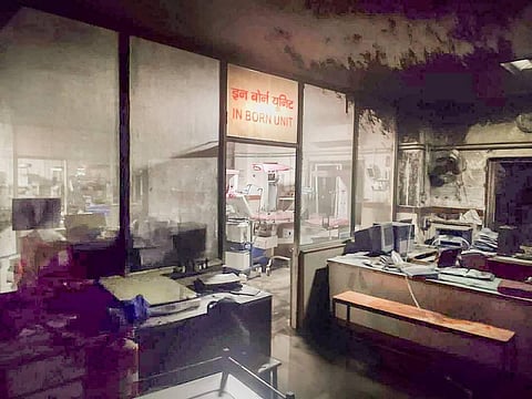 Charred equipment and furniture after a fire broke out in the Paediatric Intensive Care Unit at Government Kamla Nehru Hospital. 