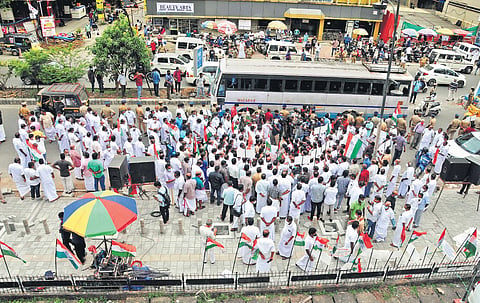 Congress workers participate in the ‘Stop the Wheel’ protest against the high fuel prices, at Marine Drive in Kochi  on Monday | A Sanesh