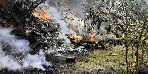An IAF chopper with CDS General Bipin Rawat, his wife, and defence assistants crashed between Coimbatore and Sulur. (Photo | ANI)
