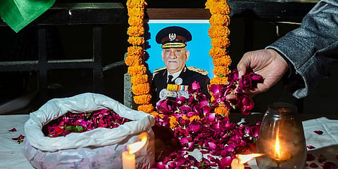 Floral tributes ebing aid to late Chief of Defense Staff (CDS) Gen Bipin Rawat in Srinagar. (Photo | PTI)