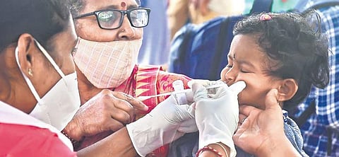 Health workers collect swab samples of a child at KSRTC bus stand in  Bengaluru. The city saw 211 fresh Covid-19 cases on Thursday, Dec 9, 2021. (Photo | EPS, Shriram B N)