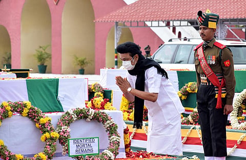 CM MK Stalin paying homage to the 13 who died in the helicopter crash, at the Military Regimental Centre in coonoor on Thursday, Dec 9, 2021. (Photo  | U Rakesh Kumar, EPS)