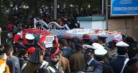 Funeral procession of late CDS General Bipin Rawat and his wife at Brar Square crematorium in New Delhi on Thursday. (Photo | EPS/Shekhar Yadav)