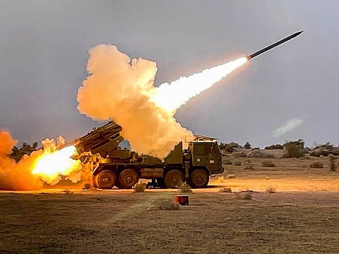 The Pinaka-ER Multi Barrel Rocket Launcher System being successfully tested at Pokharan range. (Photo | PTI)