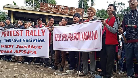 The civil societies of Tizit in Mon district of Nagaland took out a “mass protest rally” on Saturday demanding the repeal of AFSPA (Photo | EPS)