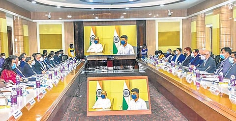 Chief Minister Naveen Patnaik attending the NITI Aayog conference virtually (Photo | Express)