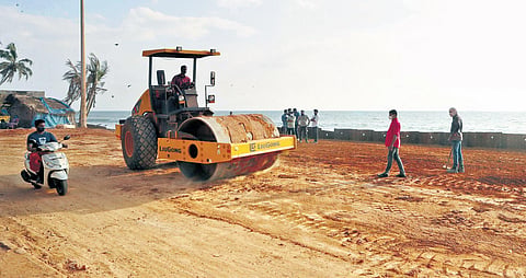 Work to restore beach road progressing at Shankhumukham, (Photo| Vincent Pulickal, EPS)