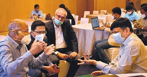 Special chief secretary (housing) Ajay Jain (right) with other dignitaries at the  ‘eco-niwas samhita’ in Vijayawada. (Photo| Prasant Madugala, EPS)
