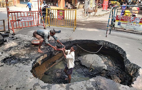 Road in West Mambalam’s Brindavan Street, which caved in on Thursday. (Photo | R Abishieke, EPS)
