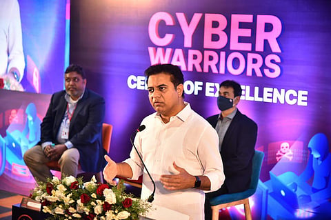 Telangana Minister for IT and Industries KTR speaking after the inauguration of the Centre of Excellence, Dec 17, 2021. (Photo | Twitter, KTR)