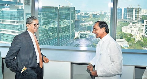 Chief Minister K Chandrasekhar Rao greets Chief Justice of India NV Ramana at the inauguration of India’s first International Arbitration and Mediation Centre at Nanakramguda, Hyderabad, Dec 18, 2021.