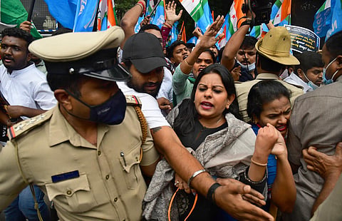 NSUI members protest outside  ISRO headquarters in Bengaluru  on Wednesday. (Photo | Shriram BN, EPS)